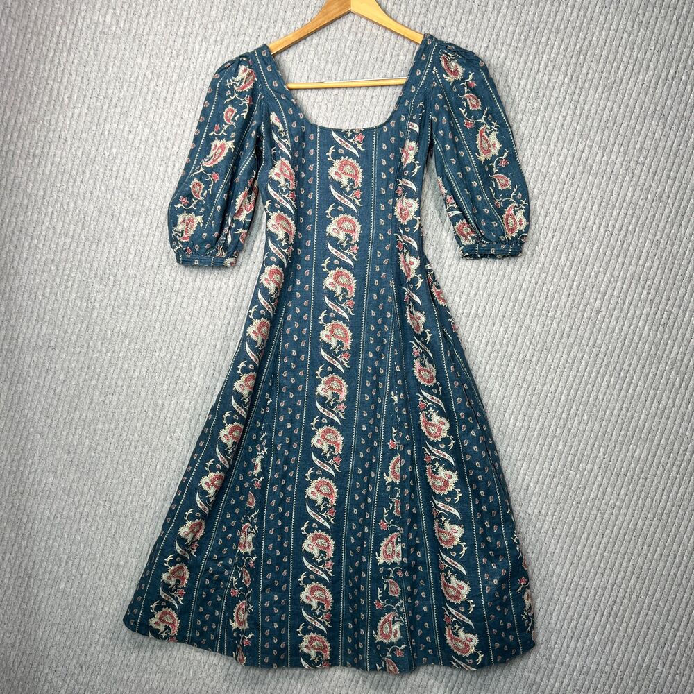 Polo‎ Ralph Lauren Paisley Linen Midi Dress Floral Blouson Sleeve Lightweight 00